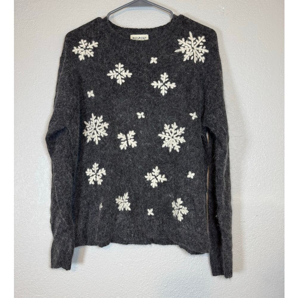 Vintage Gray Snowflake Angora Blend Fuzzy Sweater Womens Large Christmas Holiday